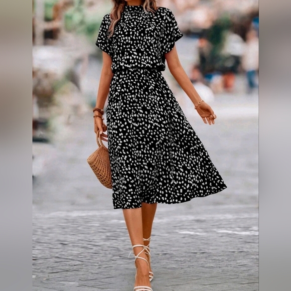 New Pretty Blouson Top Dot Print Flare Midi Dress Black White - Picture 4 of 8